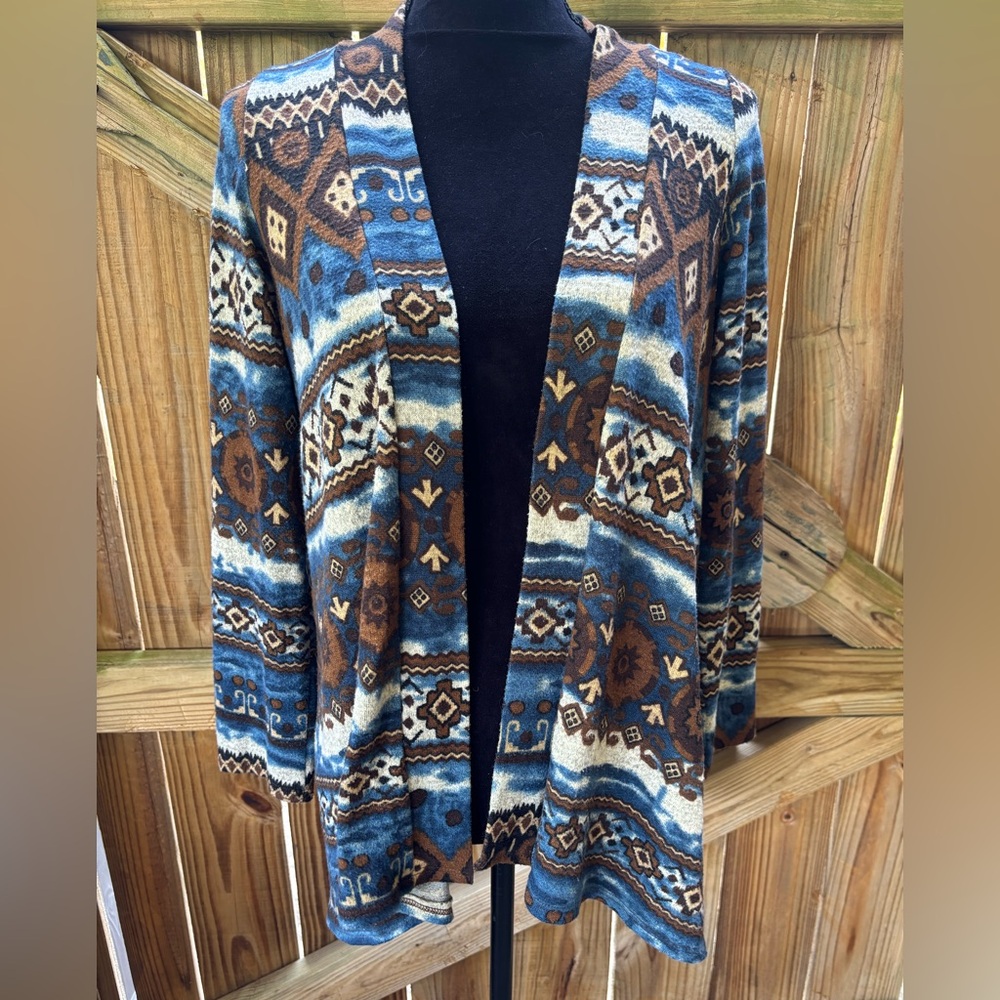 Pants Store Open Front Cardigan Duster Blue & Brown Southwestern Design Size S